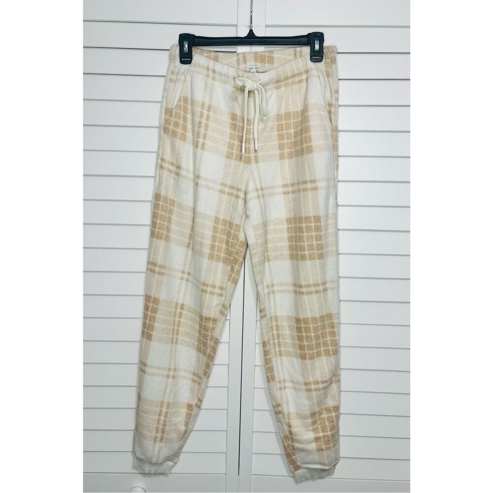 NWT Aerie Fleece Plaid Pajama Joggers Women’s Size Small Tan